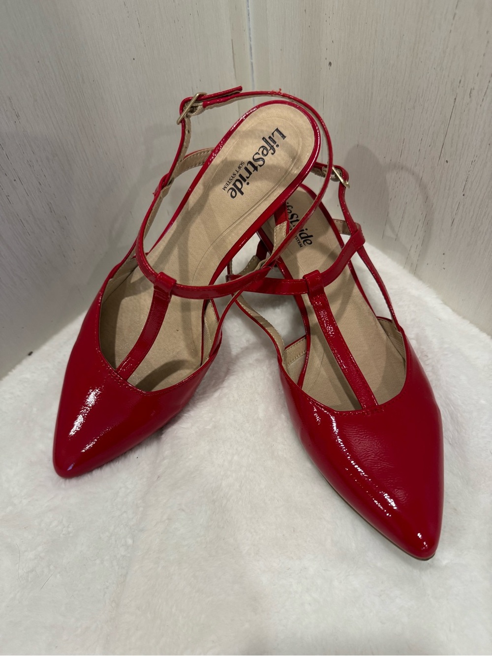 Life Stride Red Patent T-Strap Pointed 3 inch Heels with Ankle Buckle